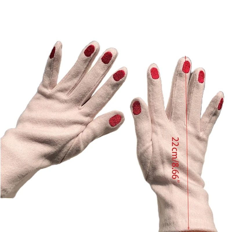 

Japanese Women Funny Nail Pattern Embroidery Gloves Winter Warm Thicken Faux Wool Cycling Driving Solid Color Mittens