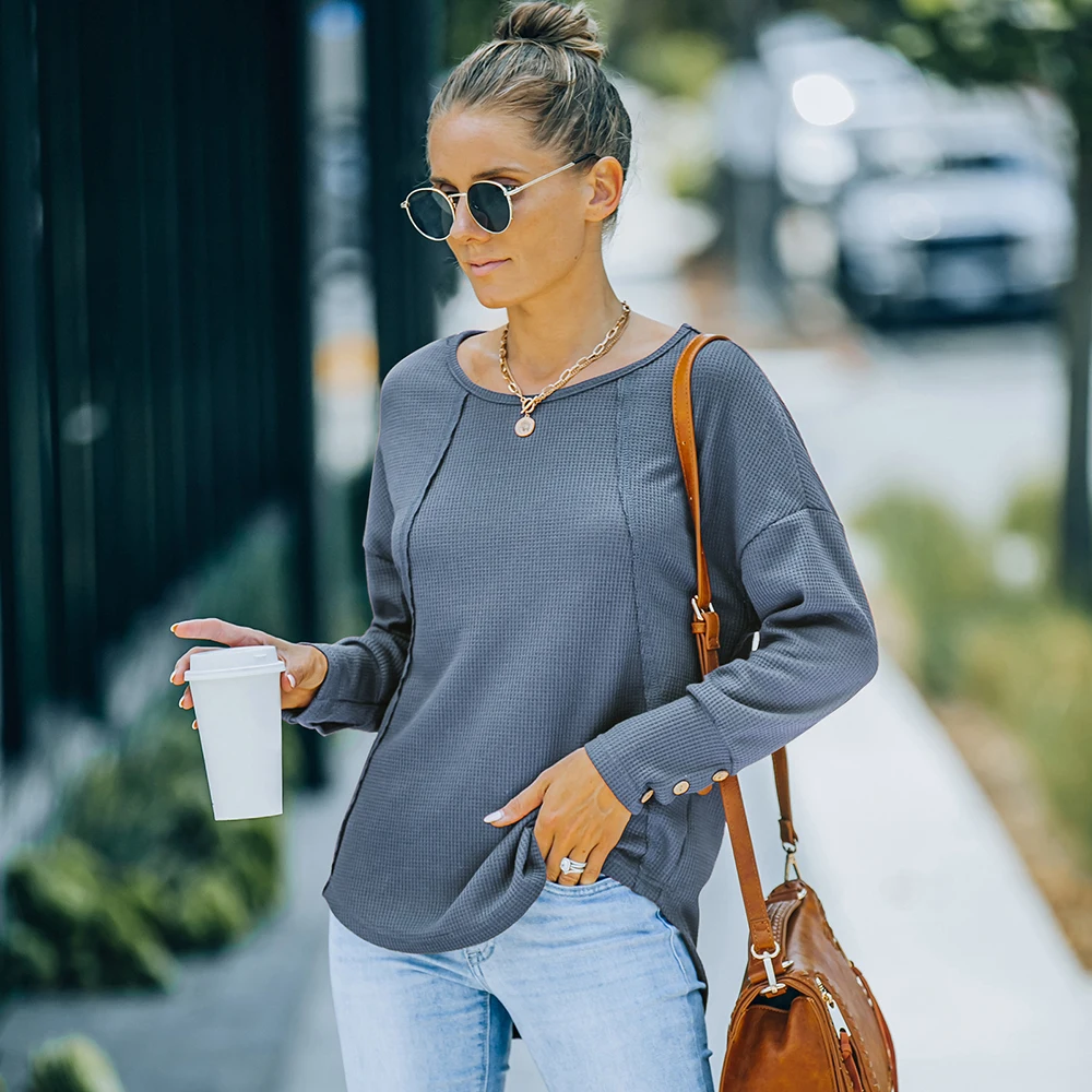 

Tops Women Clothing 2021 New Autumn Harajuku Korean Fashion Waffle Plaid Oversized T Shirt Femme Roupas Femininas Ropa Mujer