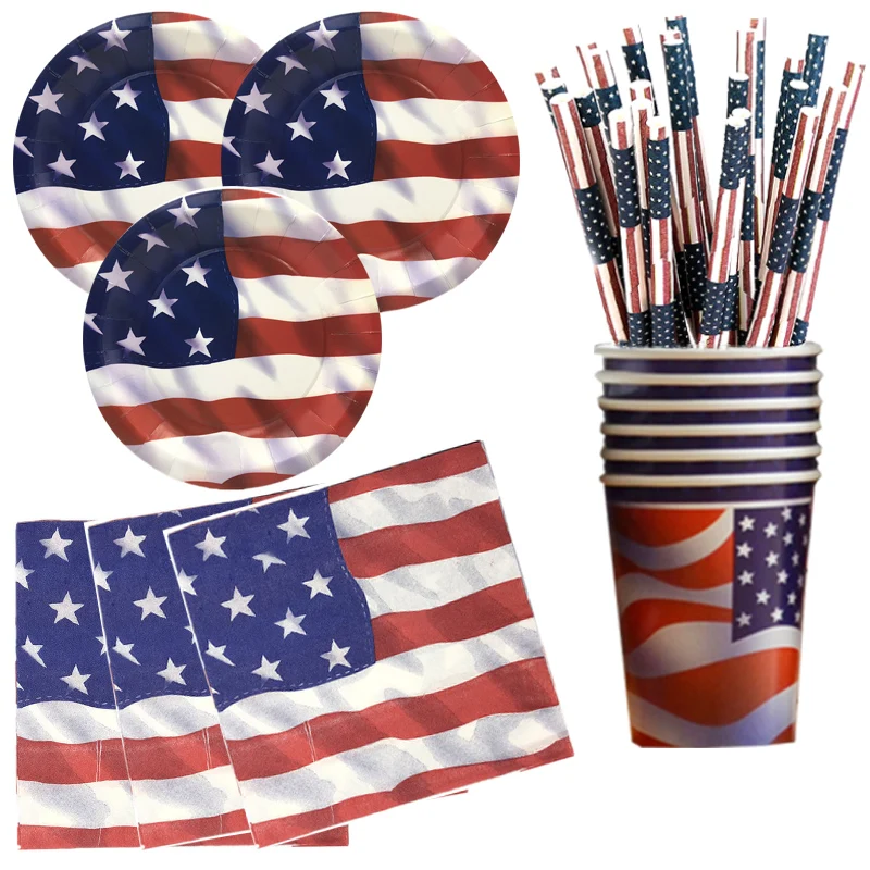 

4th of July Decorations American National Day Party US Flag Plates Napkins Cups Disposable Tableware Set Independence Day Party