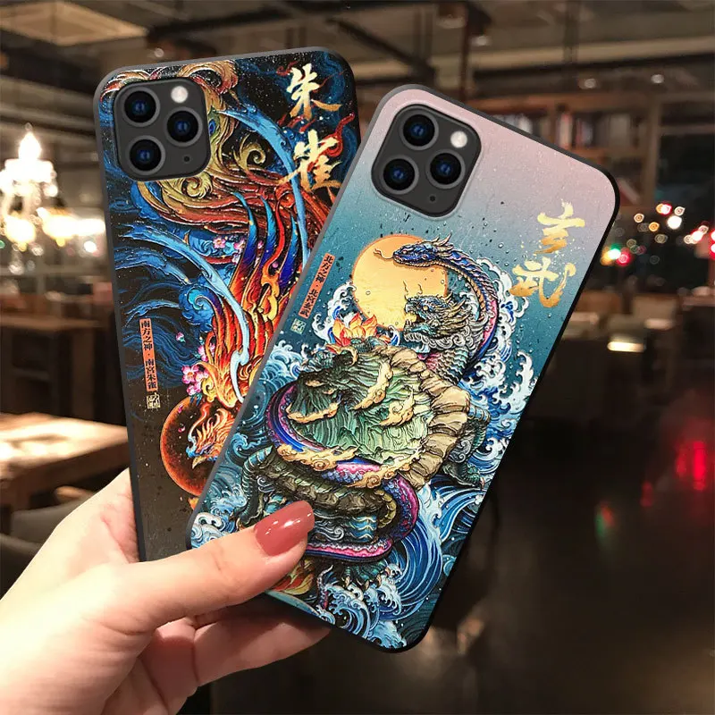 

Embossed Chinese Style Dragon Tiger Phoenix Phone Case for Iphone 11 12 Pro Max XR XS 8 X 7 6 6s Plus SE TPU Cover Coque Fundas