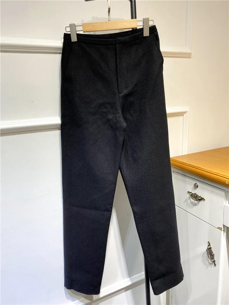 Women Woolen Straight Long Pants Lady High Waist Lady Zipper Casual Thick Trousers 2021 Autumn Winter