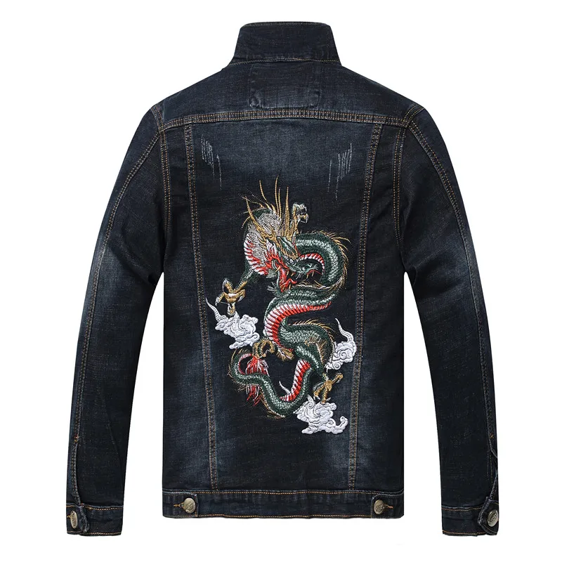 

Men Streetwear Chinese dragon embroidery casual Elastic denim Jacket man black Cotton motorcycle jeans Jacket coat 3XL
