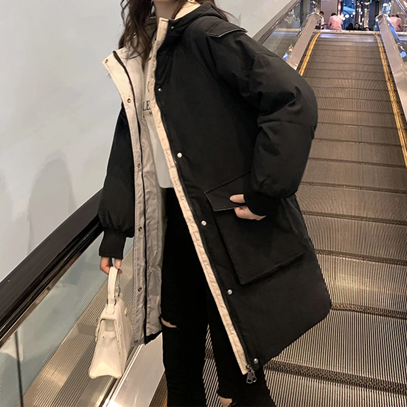 

Женская зимняя куртка, женское длинное свободное Утепленное зимнее пальто с капюшоном для девочек-подростков