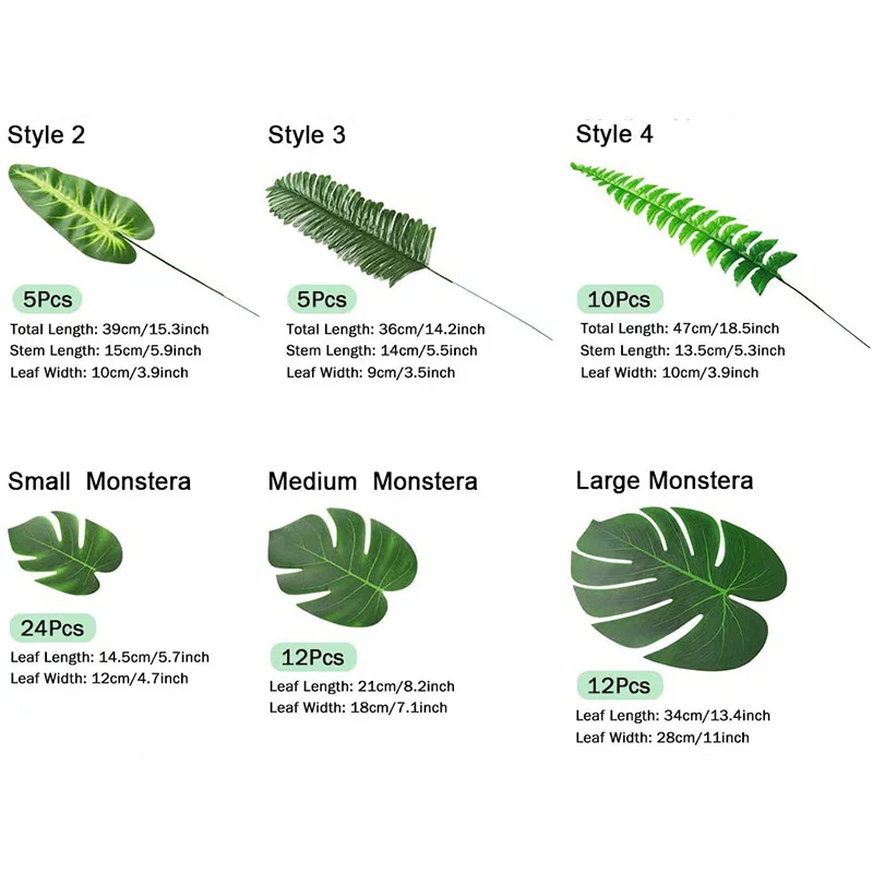 

NEW-103 Pieces 12 Kinds Artificial Palm Leaves with Stems Jungle Leaves Decorations for Party Decorations