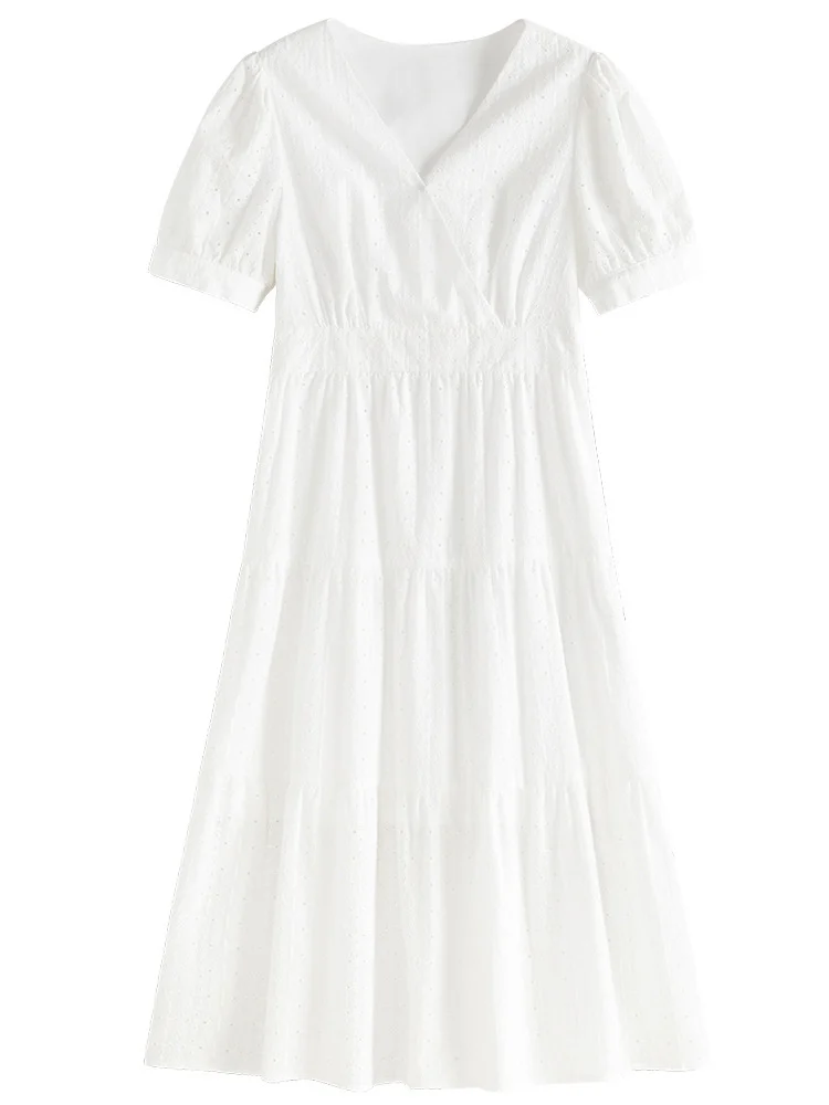 

2021 summer new slim waist French dress white bubble sleeve V-neck skirt