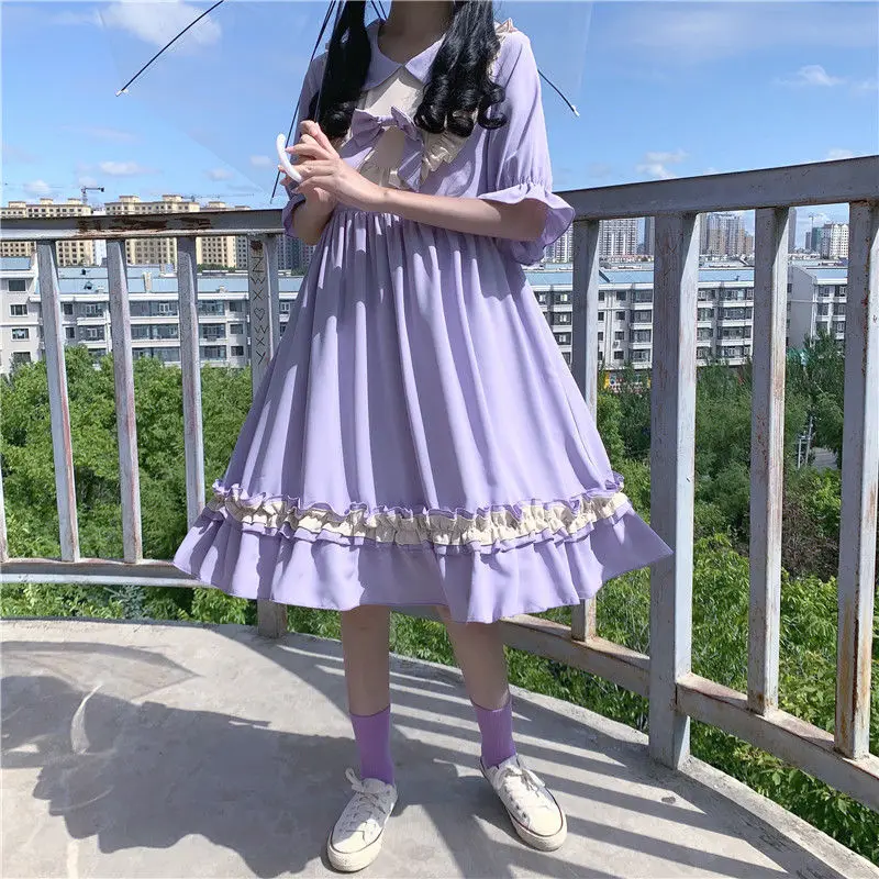 

HOUZHOU Lolita Dress Women Kawaii Cute Puff Sleeve Dresses Summer Preppy Style Vintage Bow Bandage Sundress Harajuku Y2k Outfits