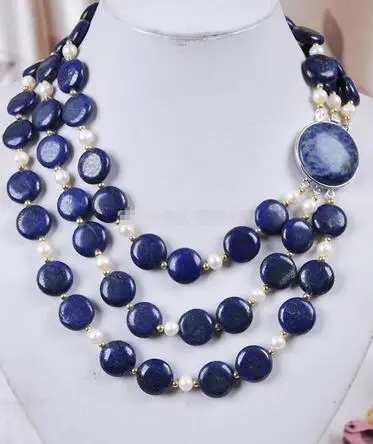 

3Rows White Akoya Cultured Pearl & Genuine Coin Lapis Lazuli Jewelry Necklace