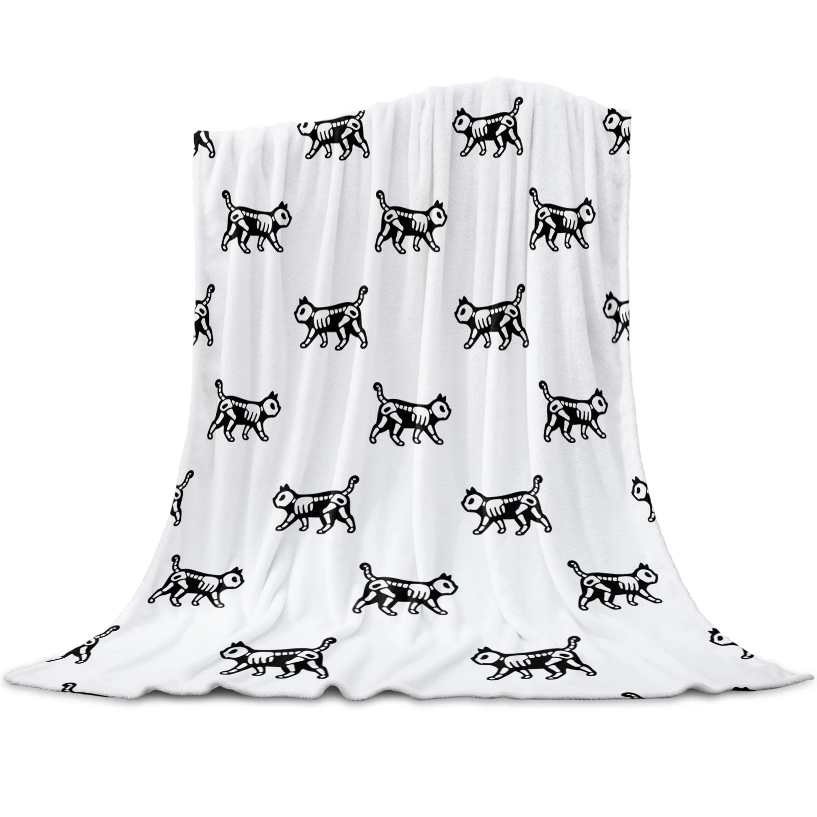 

White Cat Skull Skeleton Texture Flannel Blanket for Sofa Microfiber Throw Bedspread Blanket Cover for Bed