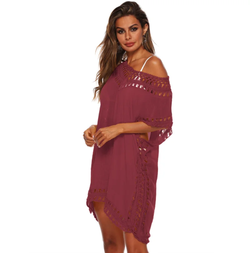 

Women's beachwear summer dress solid color transparent loose beachwear tassel swimsuit bikini beach conservative lace beachwear