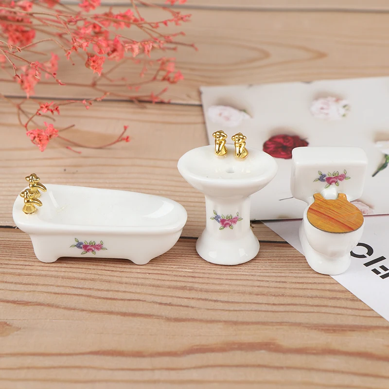 1Set(3pcs) 1/24 Dollhouse Miniature Bathroom Set Ceramic Bathtub Toilet for Dolls House Furniture Play Toy 3Styles
