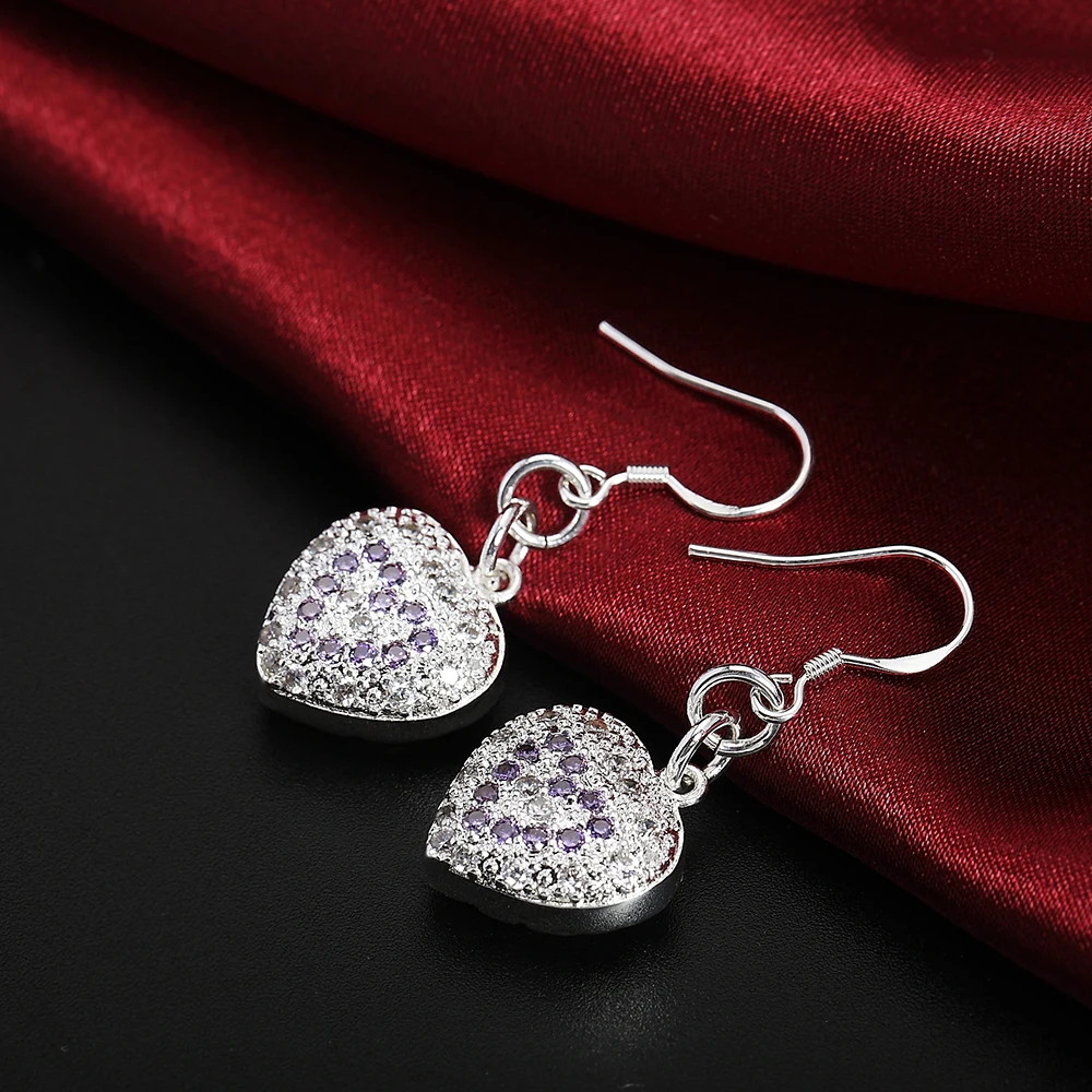 Fashion 925 Silver Earrings Zircon Crystal Heart Woman Glamour Jewelry Gift | Drop