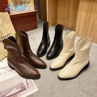 Модные женские ботинки в западном стиле, низкие ботильоны на толстом каблуке, обувь с острым носком, женские ботинки телесного цвета, женские короткие ботинки