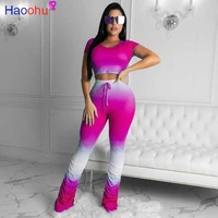 haoohu gradient women set two pieces sets tracksuits t shirt flare stacked jogger sweatpants suit fitness outfits matching set