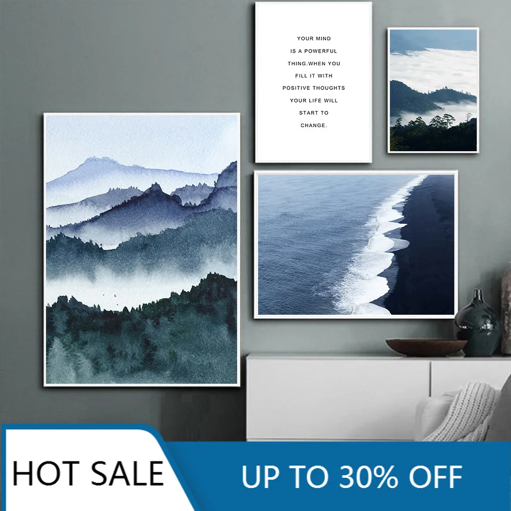 Пейзаж горы Туманный лес настенная Картина на холсте синий пляж природный пейзаж