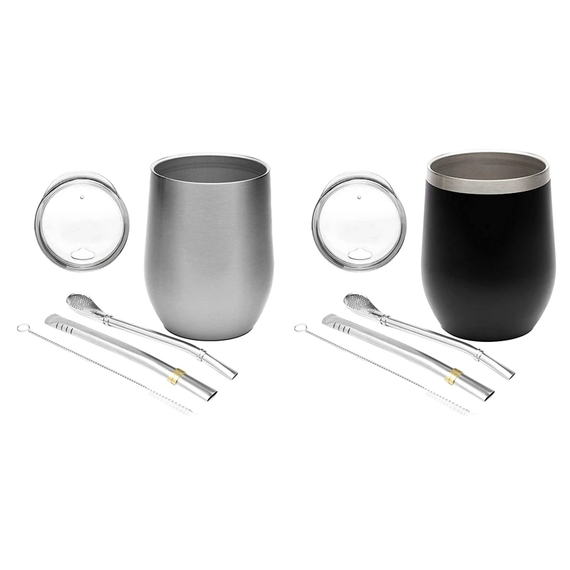 

Yerba Mate Gourd Tea Cup Set 12Oz,Double-Wall Stainless Coffee Water Cup with Lid 2 Bombillas Straws Spoon&Brush