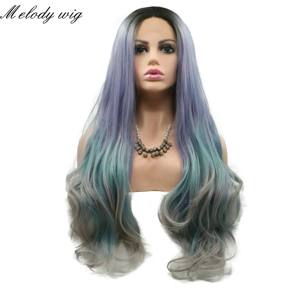 Melody Synthetic Lace Front Wigs Dark Roots to Purple/Blue green/Gray Long Natural Wave Heat Resistant for Women Natural Looking