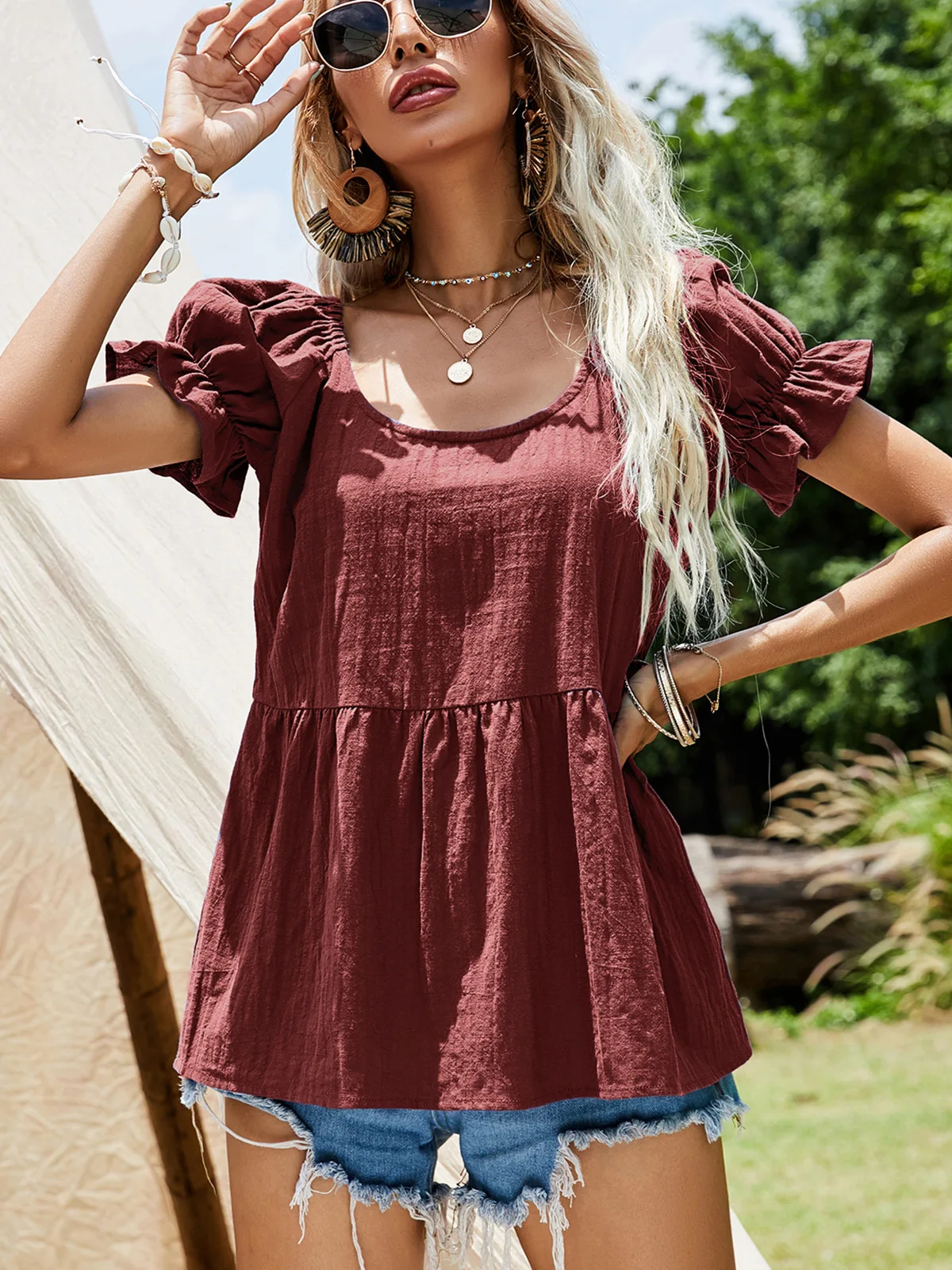 

Summer Women's Fashion Pure Color Bubble Sleeve T-shirt Cotton and Linen Sweet Doll Tops Sexy Backless Tee Tops Camisas Mujer
