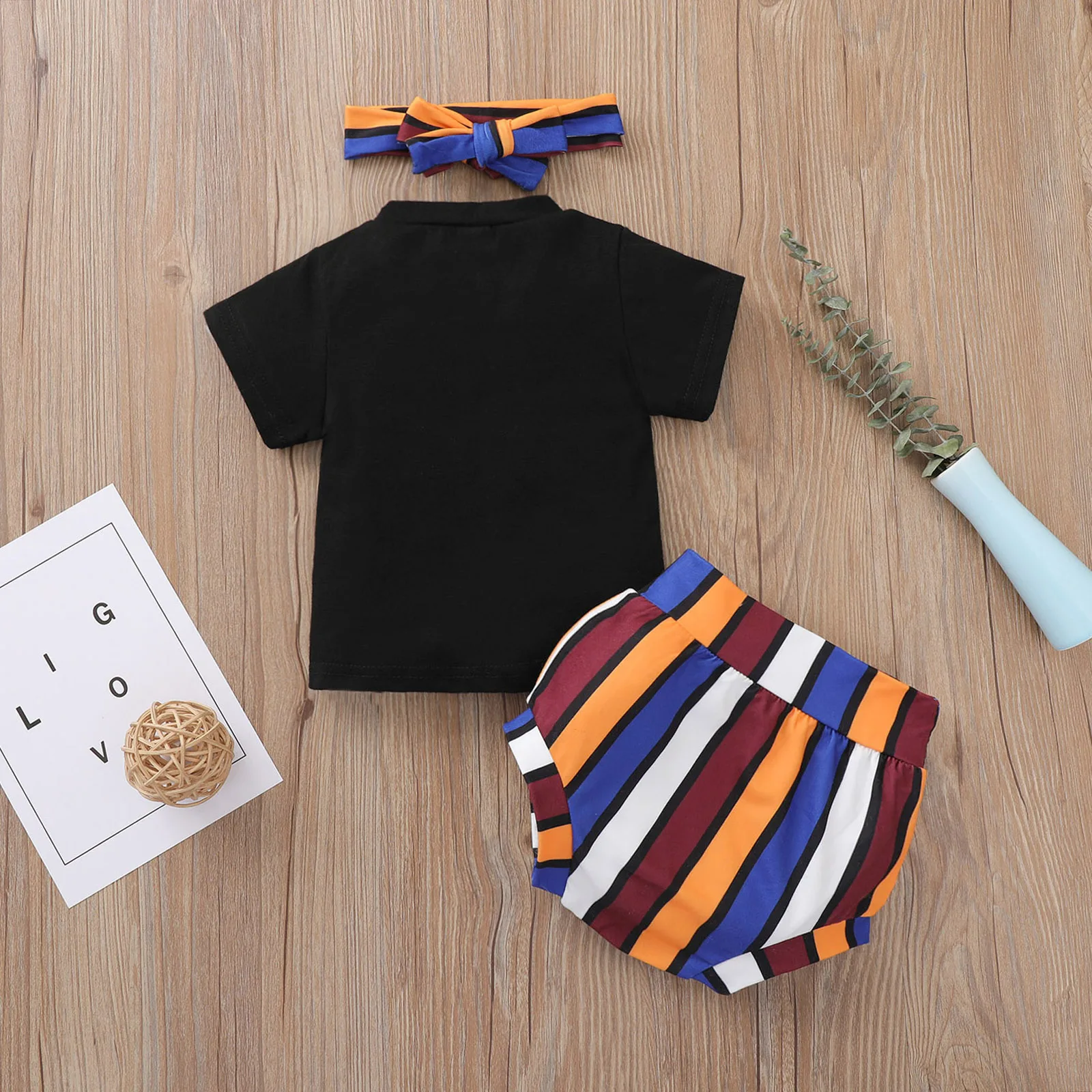

2021 New Summer 0-24M Baby Girl 3Pcs Set Letter Print Garland Short Sleeve Top+Fashion Colorful Striped Shorts+Headband Clothes