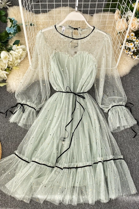 

robe femme 2020 autumn spring ladies dresses sweet party night mesh see through long sleeve black a-line mini sequin dress