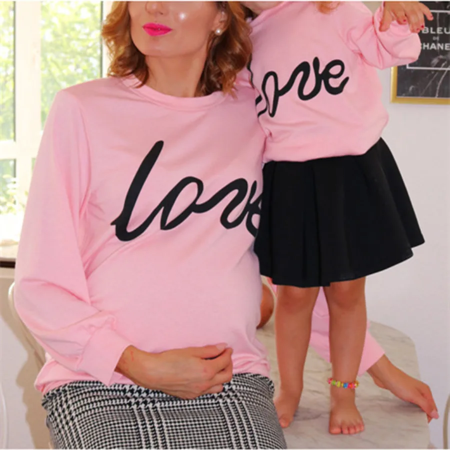 

3 Colors Family Matching Clothes Mother Daughter Women Girls Sweatshirt Tops Love Letter Print Long Sleeve Pink Hoodies
