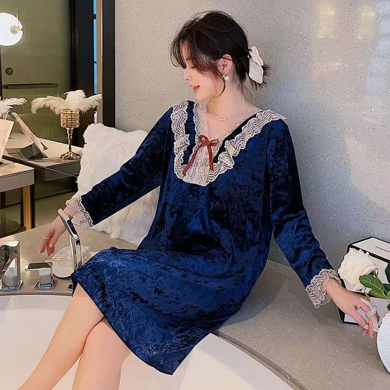 Синяя велюровая ночная рубашка для женщин Милая Кружевная Домашняя одежда с