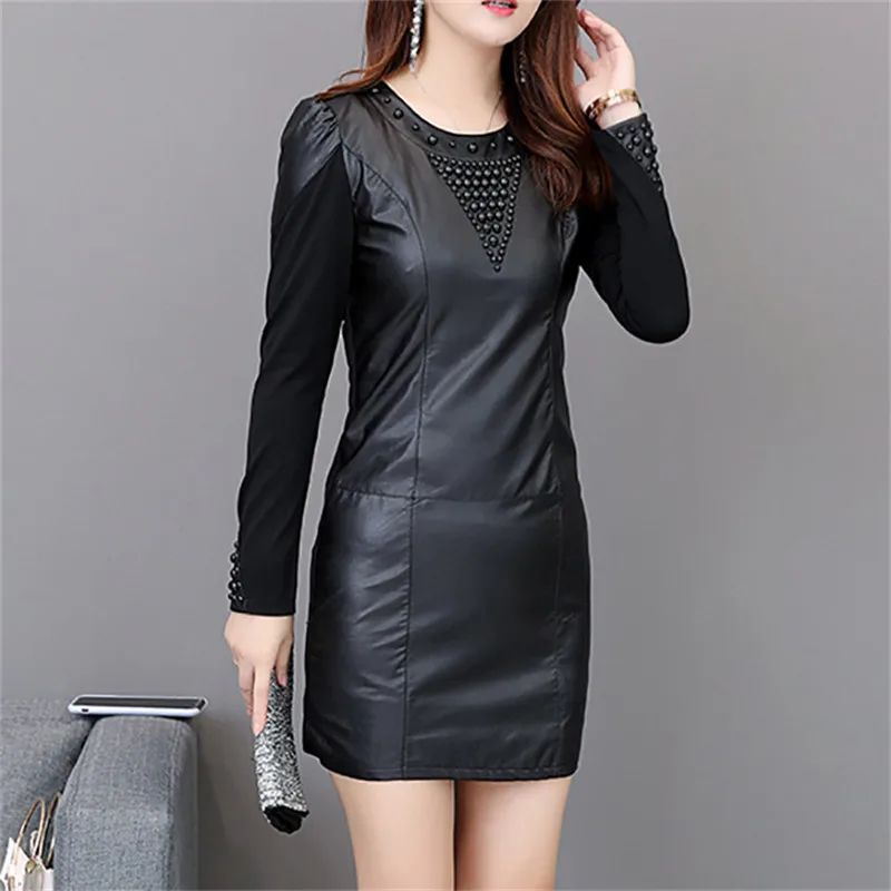 Женское офисное кожаное платье размера плюс искусственная кожа с длинным