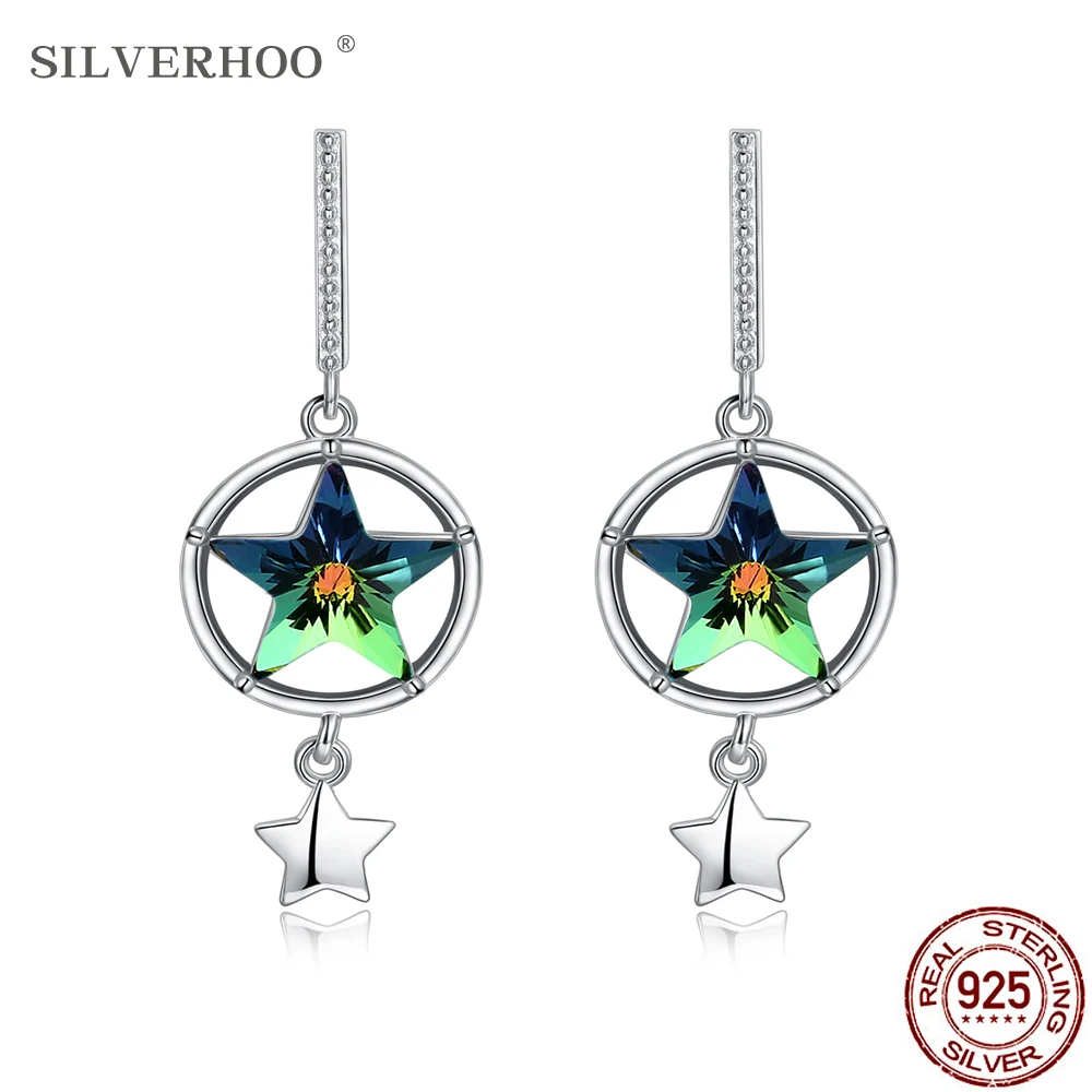 

SILVERHOO 925 Sterling Silver Star Drop Earrings For Women Green Austria Crystal Earring Cubic Zircon Classic Party Fine Jewelry