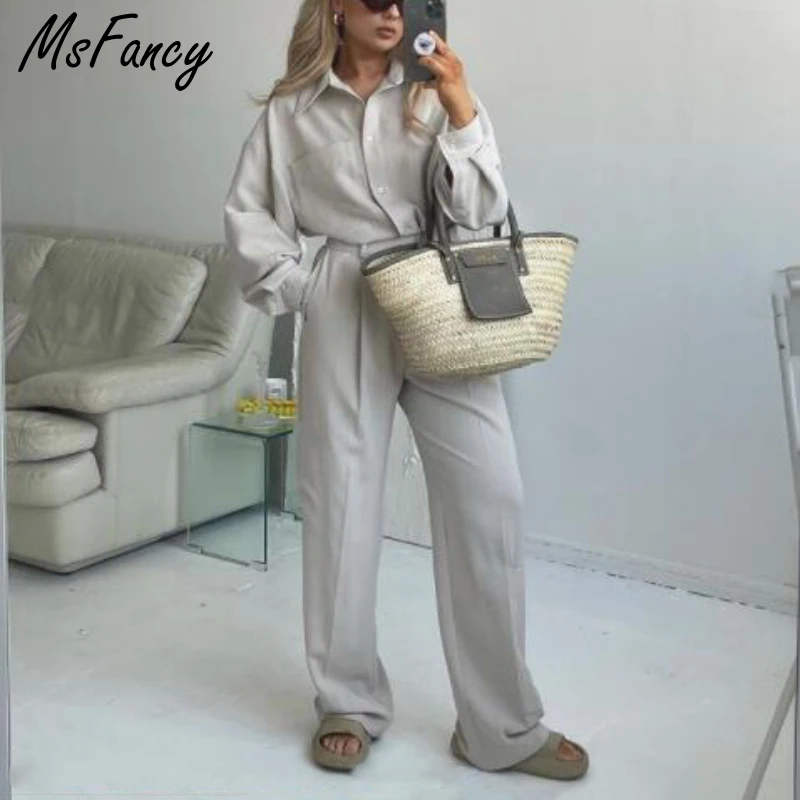 Комплект брюк Msfancy Женский винтажная рубашка с длинным рукавом и карманами брюки