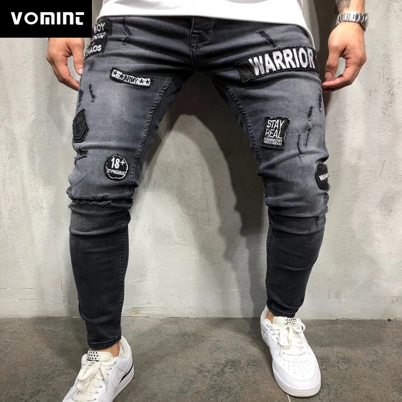 VOMINT Узкие рваные джинсы для мужчин хип хоп облегающие уличные Лоскутные значки