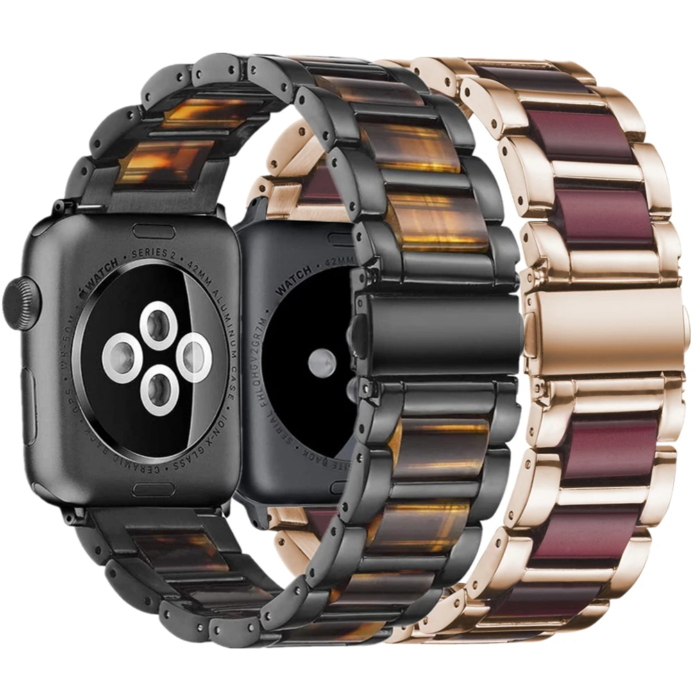 

For apple watch band SE 6 5 4 44mm 40mm strap for iwatch 3 42mm 38mm bands Resin + Stainless Steel Luxury link bracelet correa