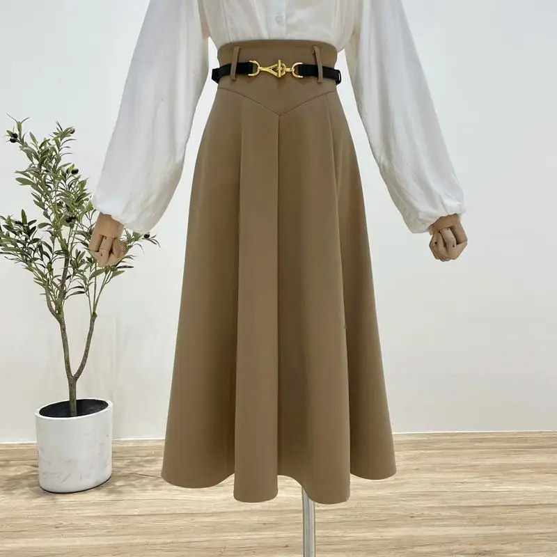 

Summer Autumn High Waist A Line Skirt For Women Chic Solid Color Vintage Umbrella Skirt Ladies Chic Streetwear Long Skirt