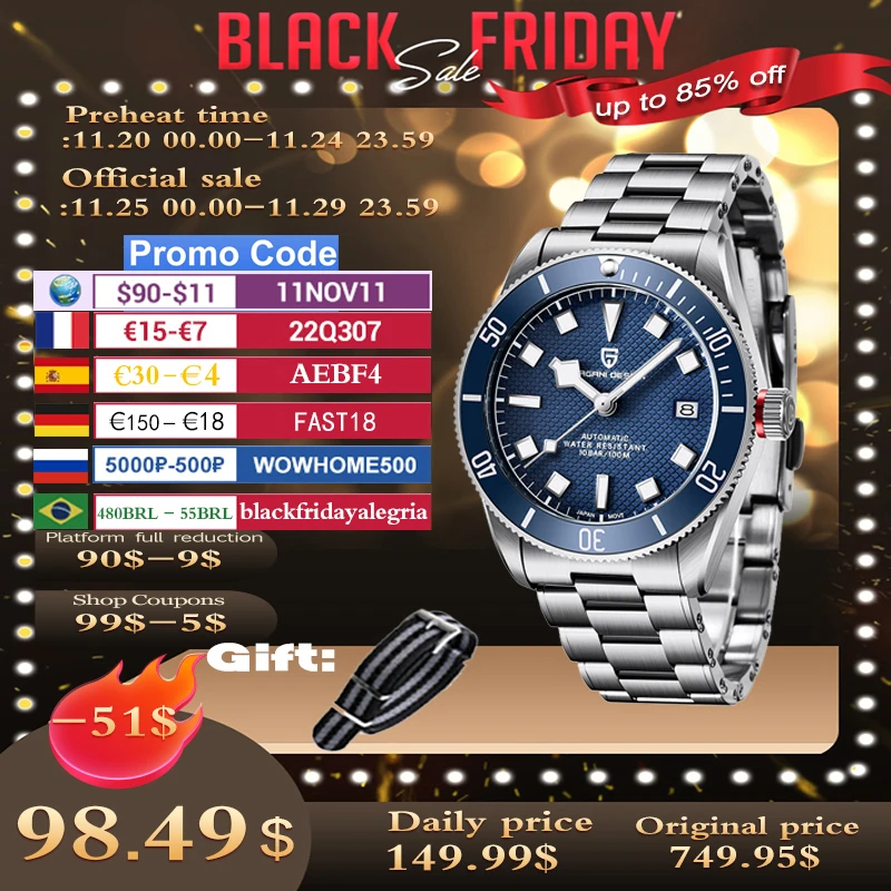 Часы PAGANI DESIGN BB58 Мужские механические, Роскошные военные автоматические светящиеся часы из нержавеющей стали NH35A 007