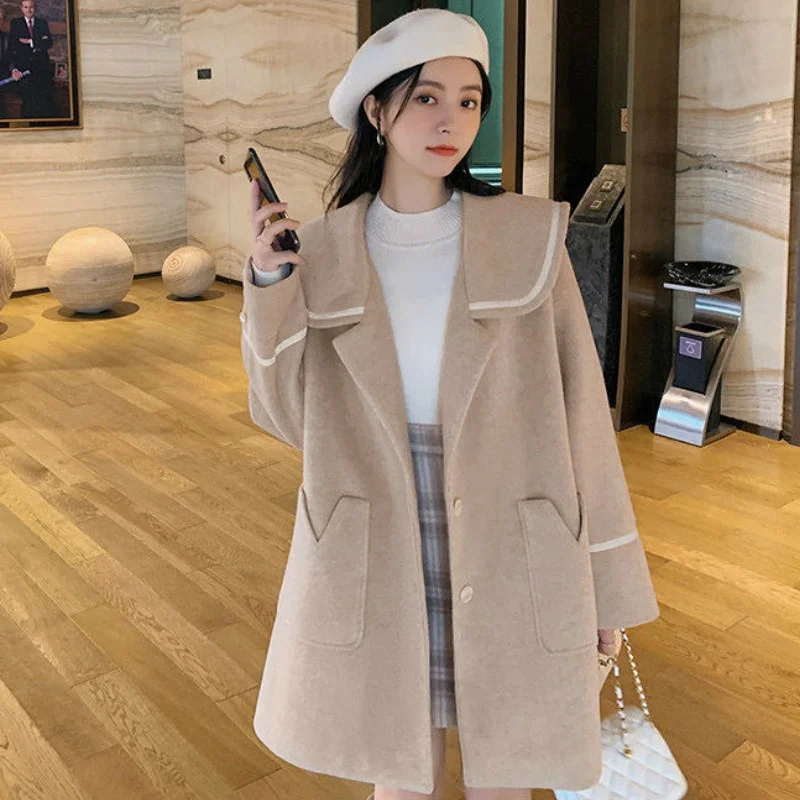 

Women Elegant Long Wool Blends Big Pocket Coats Solid Sailor Collar Loose Little Light Brown All-match Long Sleeve Jackets