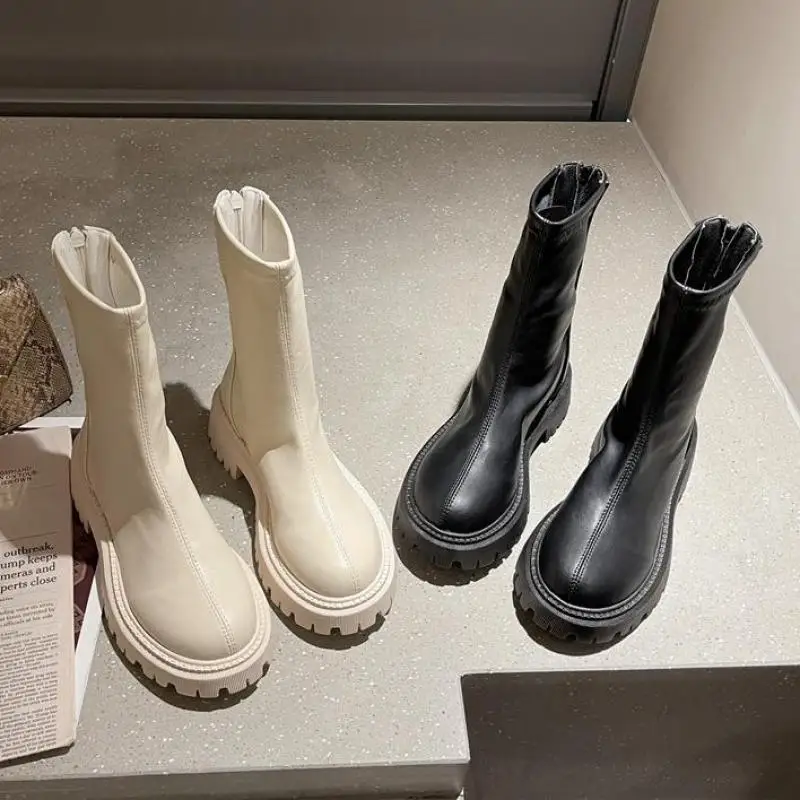 

New Women Boots Platform Shoes Zipper Round Toe Lady Casual Boots 2021 Autumn Winter Square Heel Boots Rubber boots