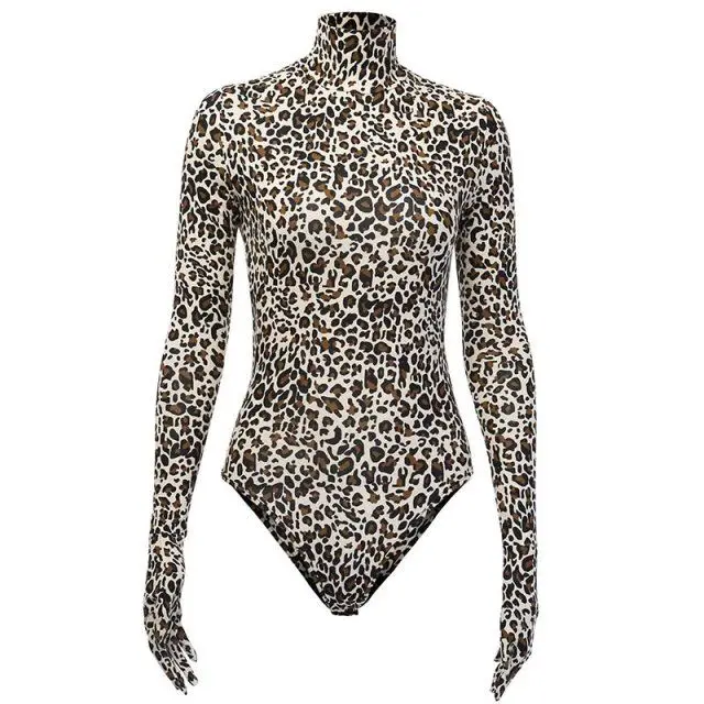 

New Arrivals Turtleneck Long Sleeve Women's Leopard Print Bodysuit With Gloves Fashion Lady One-piece Garment Top Size S,M,L
