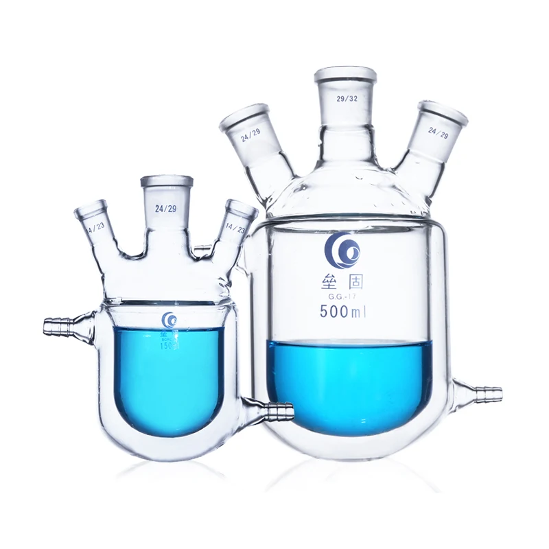 Round Bottom Three Mouth Glass Jacketed Reaction Bottle Laboratory Double-layer Reaction Flask