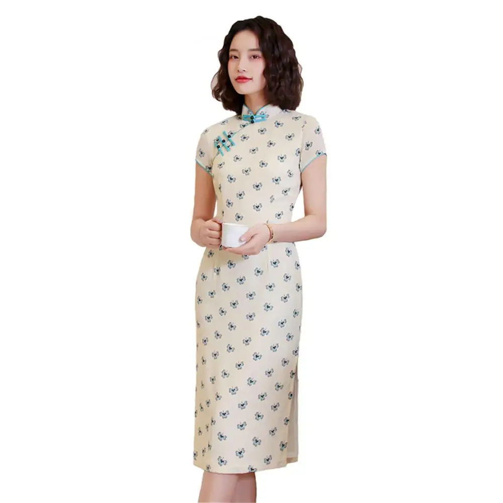 Shanghai Story Short Sleeve Chinese Dress Faux Silk Cheongsam Knee Length Chiffon Qipao with Lining | Тематическая одежда и