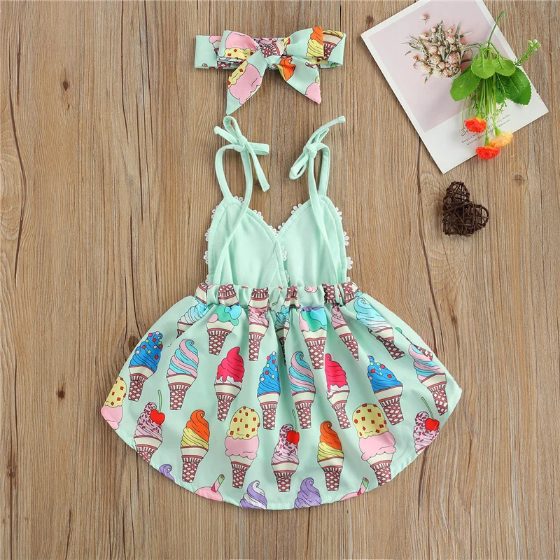 

2021 Baby Girl\u2019s Casual Suspender Romper Fresh Ice Cream Printed Hem Backless Jumpsuits and cute Headband
