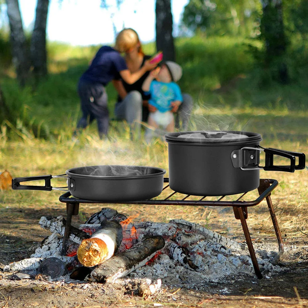 

1 Set Outdoor Camping Cookwares Portable Picnic Tableware for 2-3 People (Black)