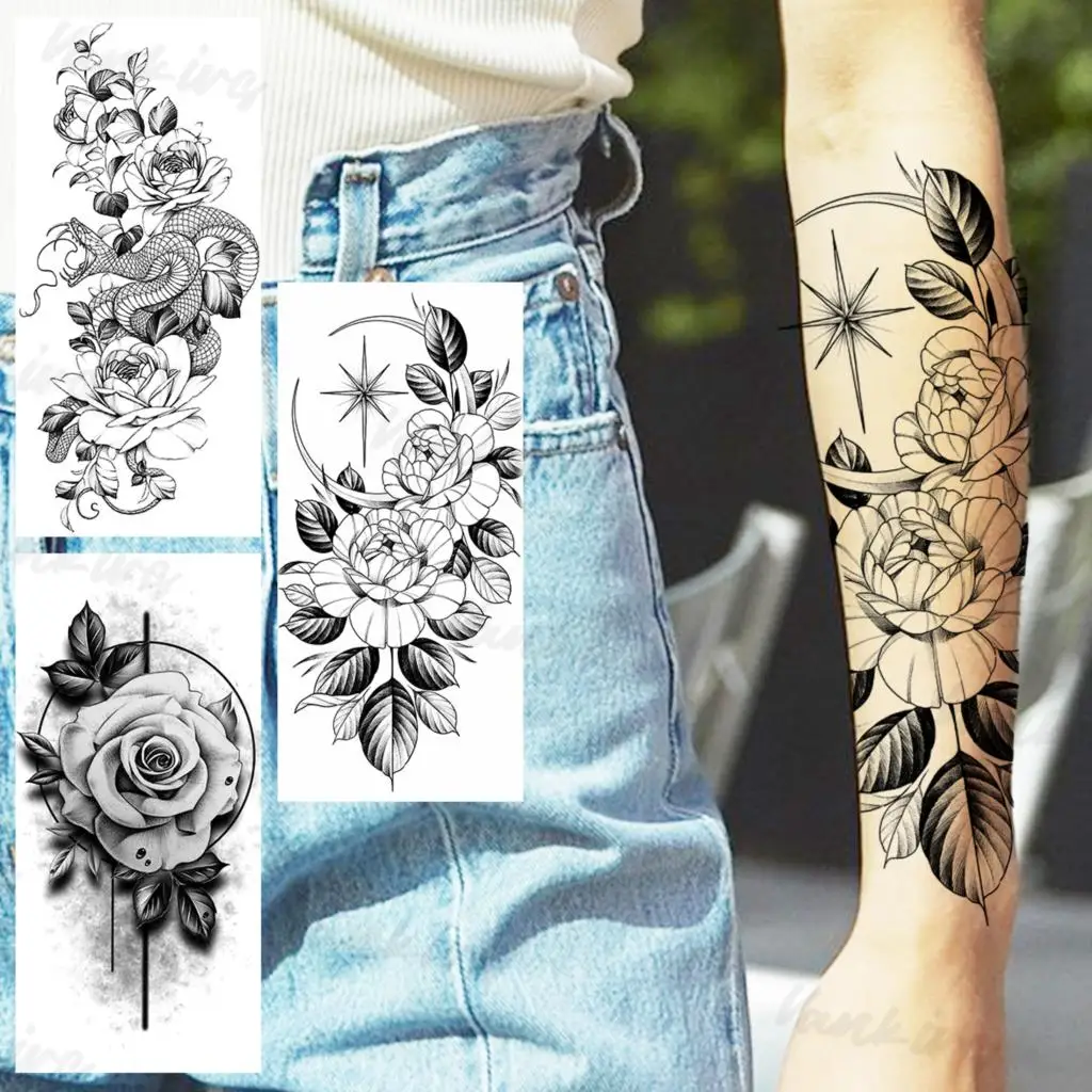

Moon Flower Temporary Tattoos For Women Adults Realistic Snake Ghost Totem Fake Tattoo Sticker Forearm Body Tatoos Summer Style