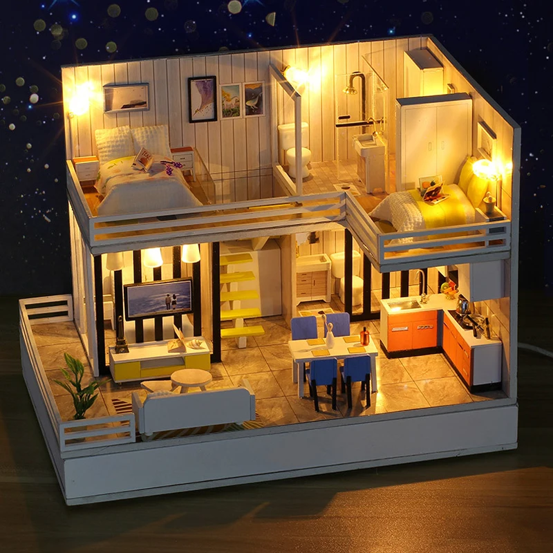 Новый комплект кукольного домика с Bluetooth аудио деревянный кукольный домик мебель