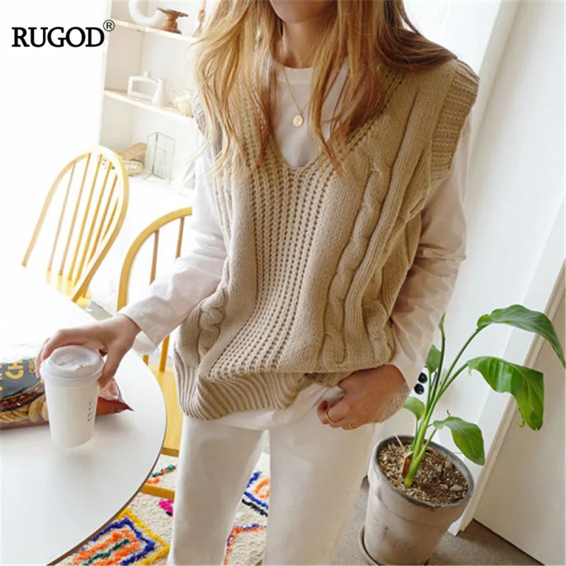 RUGOD/свитер с v-образным вырезом плотный жилет без рукавов из грубой шерсти милый