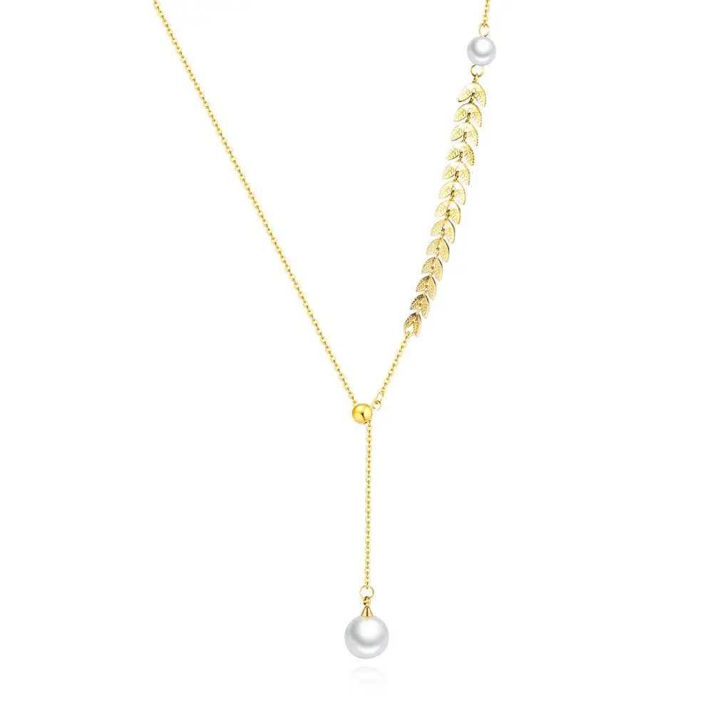 

Pearl Wheat Leaves Love Choker Pendant Necklaces Jewelry Gold Color Wedding Necklace For Women Stainless Steel Chirstmas Gift