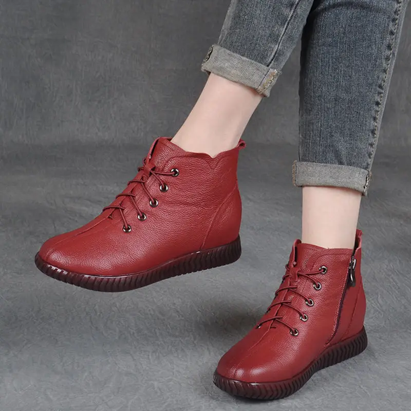 

Ladies Flat Lace Ankle Boots Female High Top Short Leather Shoes Plush Boots Female Autumn Shoes Boots Black Short Boots