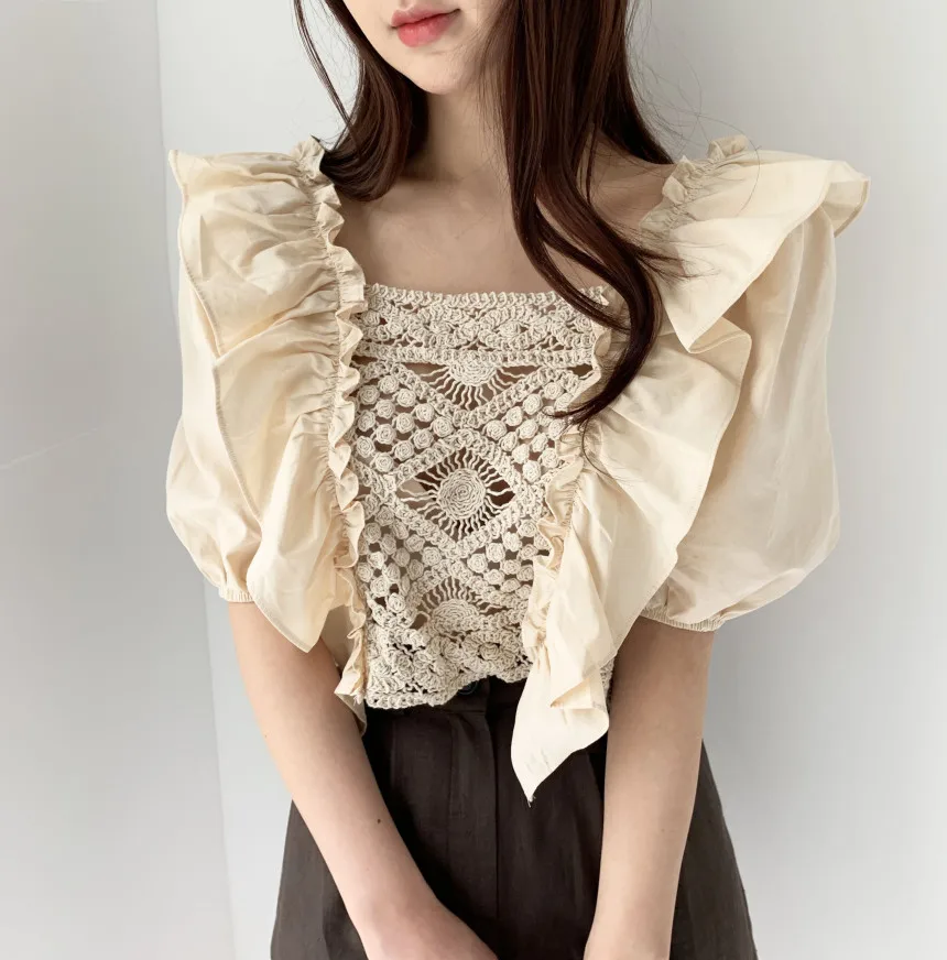

Alien Kitty Lace Hollow Out Sexy Vinatge Crochet Blouses 2021 New Summer Korean Shirt Women Tops Puff Sleeve Blusas Verano Mujer