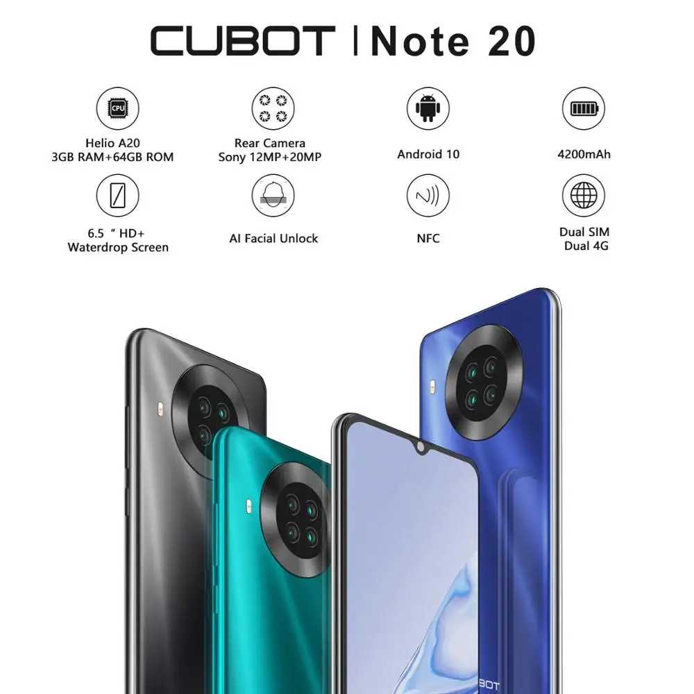 Cubot Note 20 Cellphone NFC 6.5″ HD+ Display 3GB RAM 64GB ROM Smartphone Rear Quad Camera Face Unlock 4200mAh Android 10.0