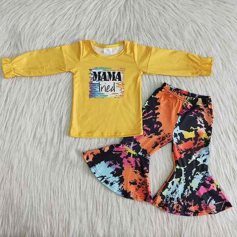 

Wholesale Children Boutique Baby Girls Set MAMA Yellow Ruffle Long Sleeve Color Tie Dye Bell-Bottoms Pants Winter Infant Outfit