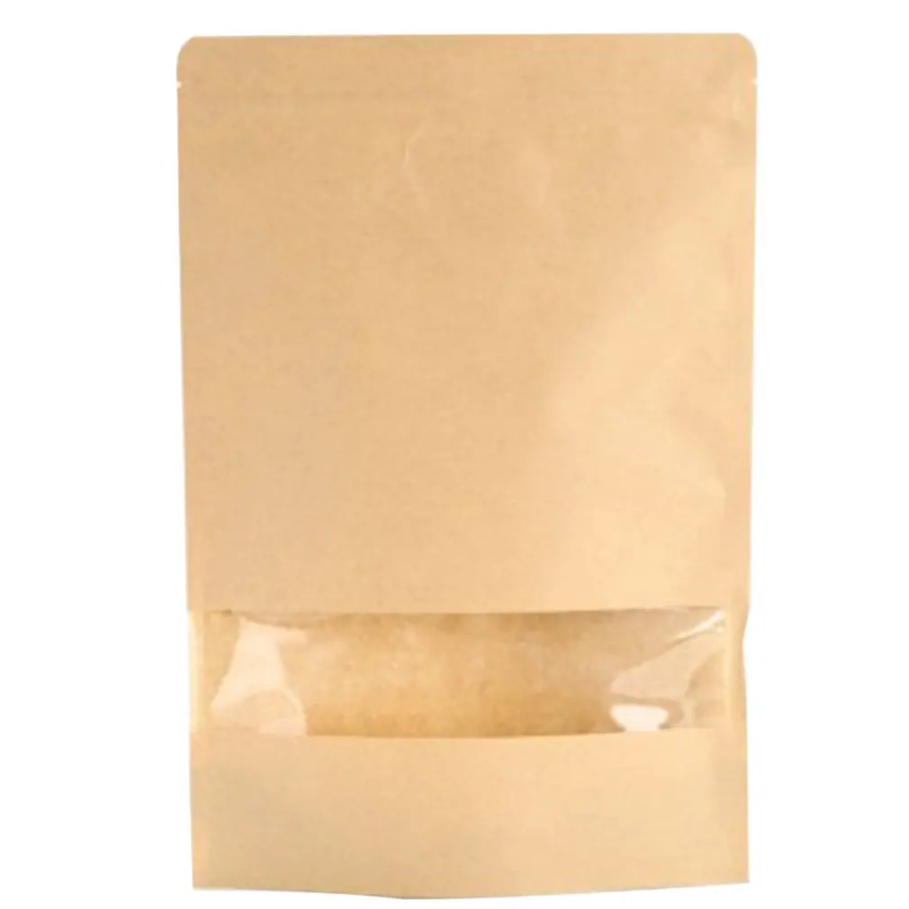 

Reusable Kraft Paper Bag with Frosted Window Stand Up Pouch Bag with Tear Notch Moisture Proof Packaging