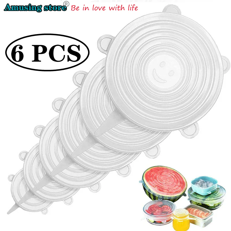 

6 PCS Reusable Stretch Silicone Lids Food Cover Keeping Fresh Kitchen Preservation Universal Seal Bowl Wrap Elastic Flex Ware