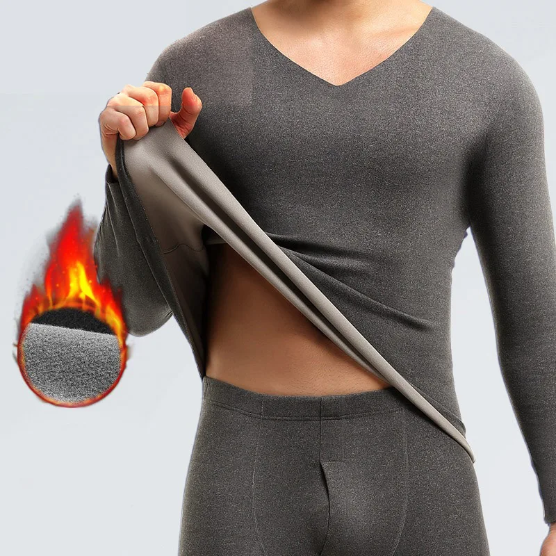 Men's Thermal Underwear Men Long Johns Thin Autumn Winter Plus Velvet Warm Bottoming Shirt Male Fashion V-neck Seamless Tops Tee
